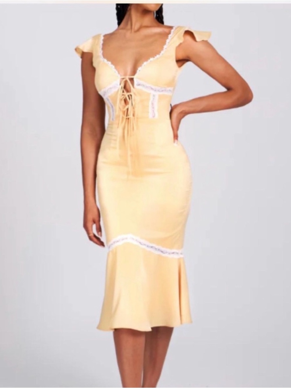 Miss Circle Women's Yellow Lace-Trim Midi Dress